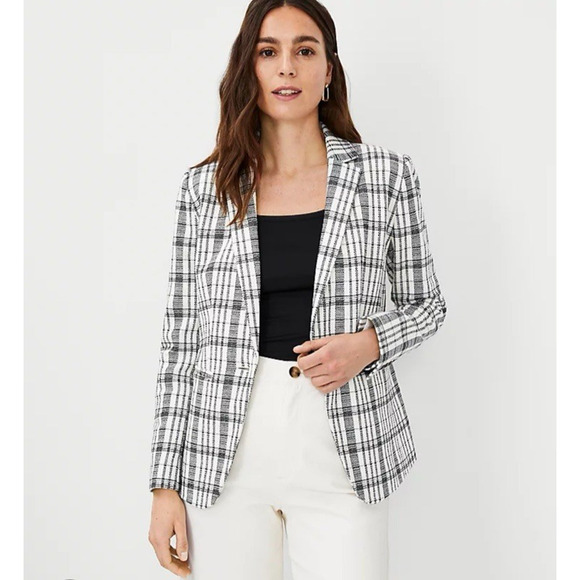 Ann Taylor Womens The Hutton Blazer 10 In Plaid Black White Jacket - Picture 1 of 13